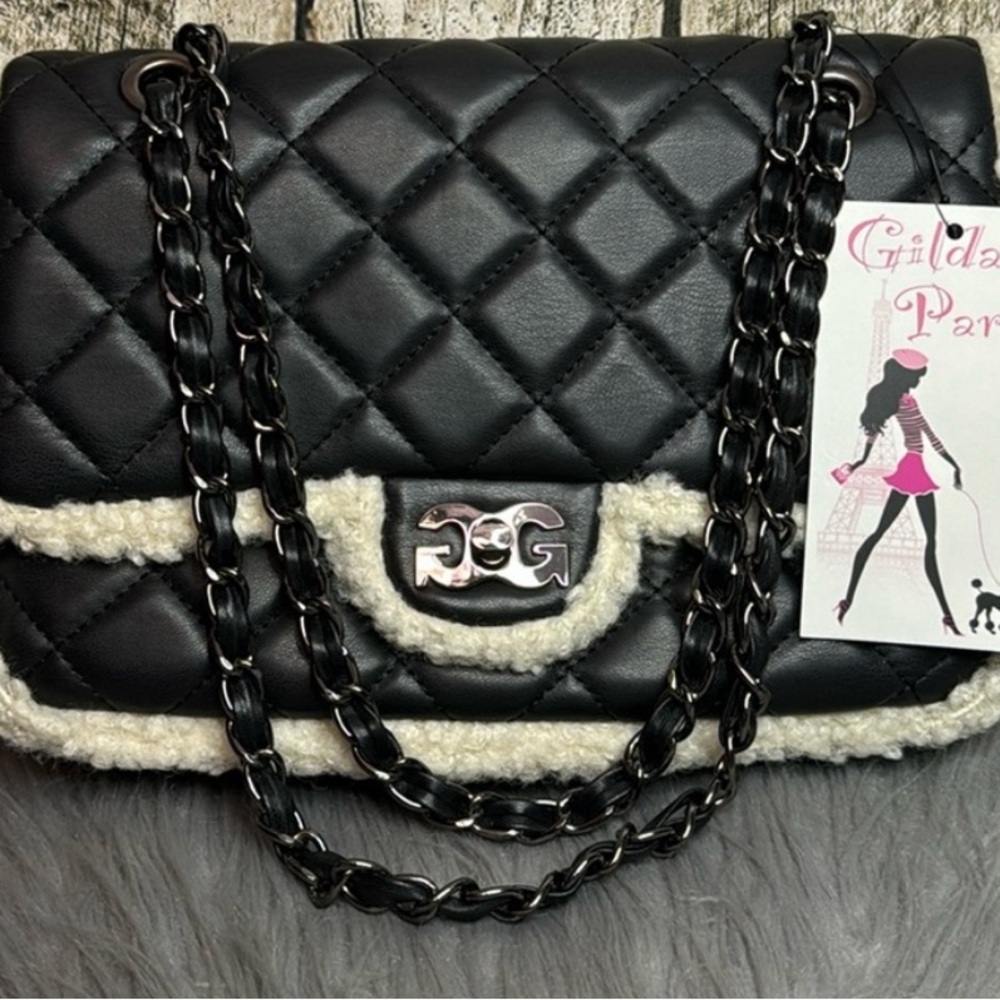 NWT Gilda Paris Black w/Sherpa Trim Crossbody Bag 11.5” x 8” x 3” NWT - Picture 1 of 4